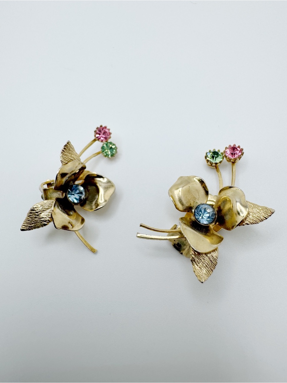 Vintage Gold Floral Earrings with Blue, Pink and Green Crystals